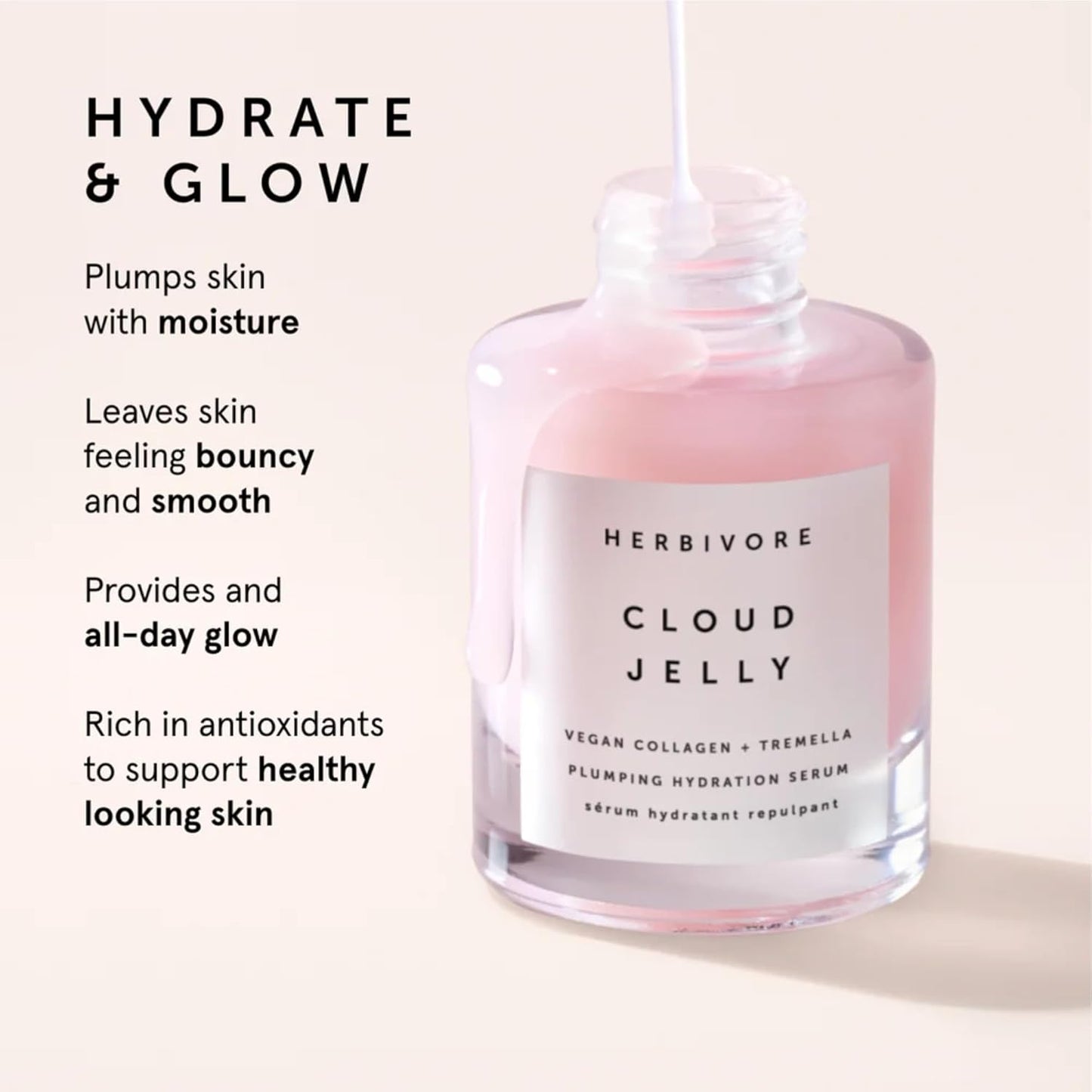 HERBIVORE Cloud Jelly Plumping Hydration Serum | Tremella Mushroom + Strawberry Extract, Lightweight, Deep Hydration for All Skin Types | Vegan, Plant-Based + Cruelty-Free, 30 mL / 1 oz