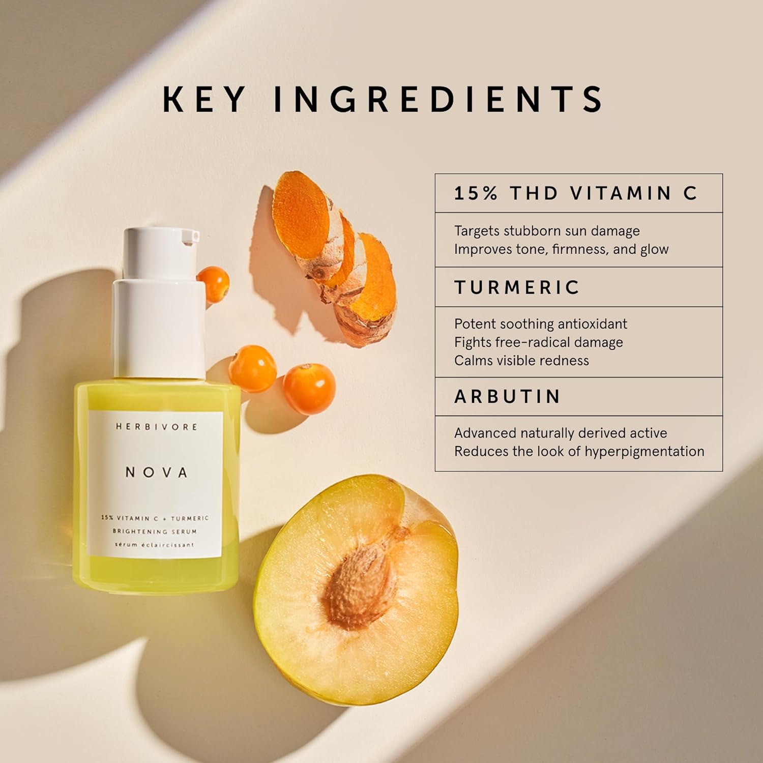 HERBIVORE Nova 15% Vitamin C + Turmeric Brightening Serum for Dark Spots, Hyperpigmentation + Even Skin Tone | Vegan, Plant-Based, Cruelty-Free, 30 mL / 1 oz