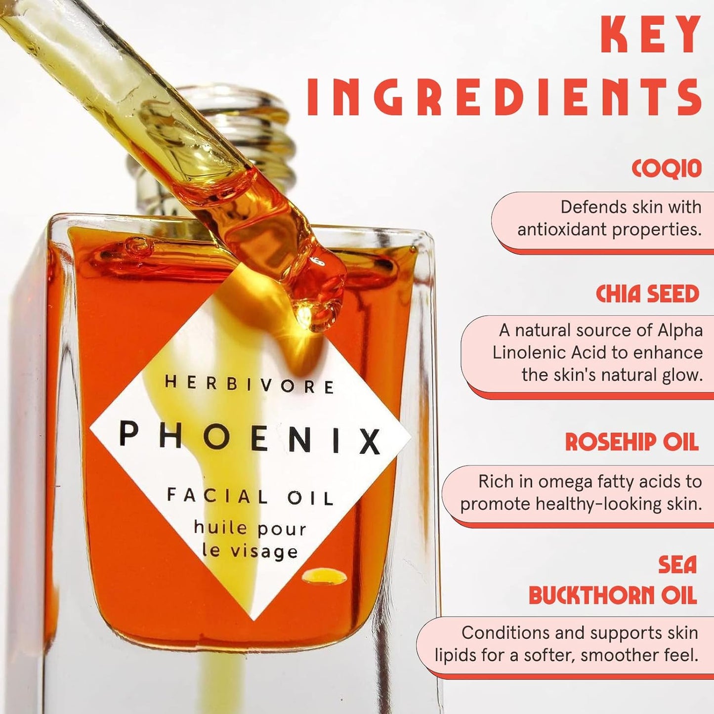 HERBIVORE Phoenix Deep Renewal Anti-Aging Facial Oil with Rosehip, CoQ10, Vitamin E & Antioxidants | Helps Improve Skin Texture + Tone | Vegan, Plant-Based, Cruelty-Free