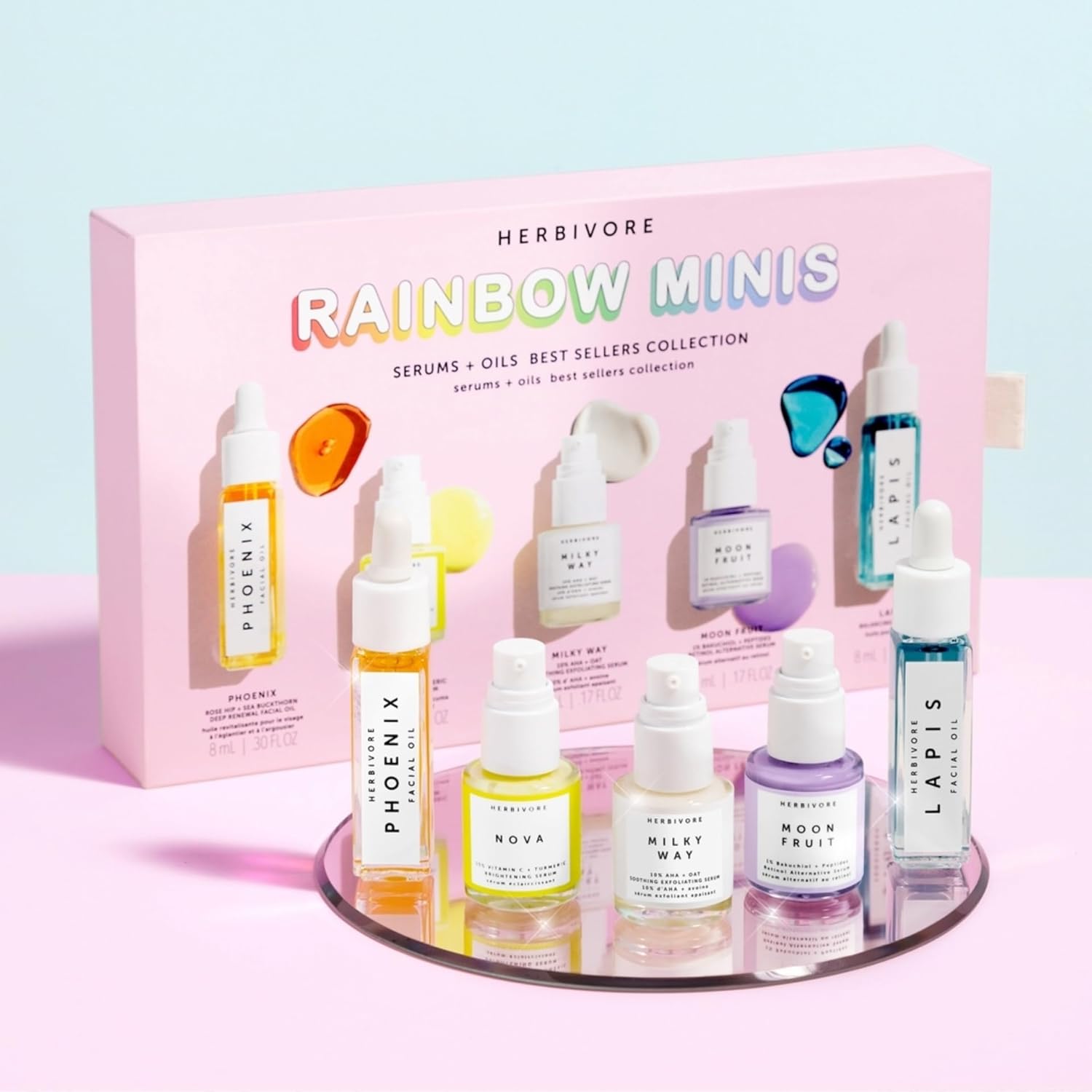 HERBIVORE Rainbow Minis Set - (Serums + Oils Best Sellers Collection), Plant-based, Vegan, Cruelty-free