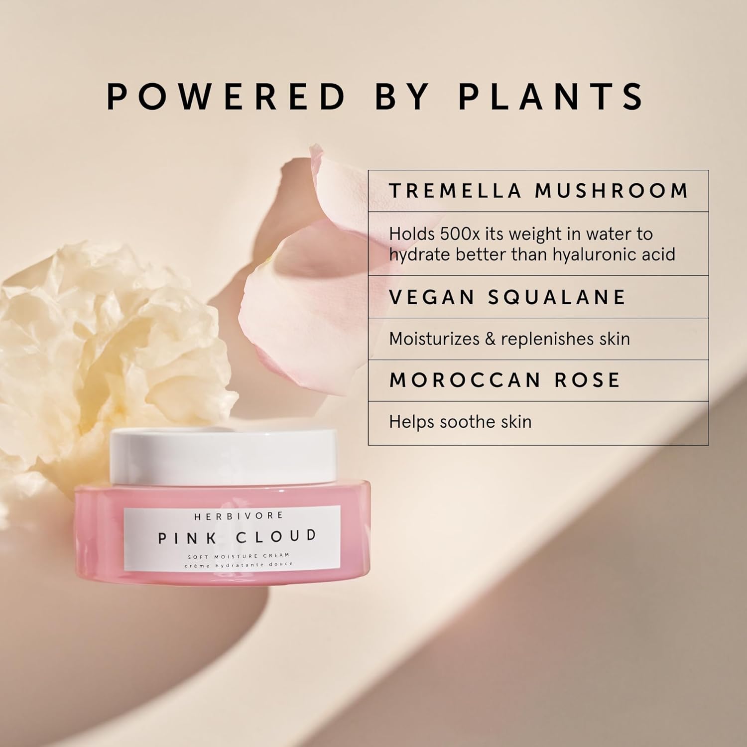 HERBIVORE Pink Cloud Soft Moisture Cream with Tremella Mushroom + Vegan Squalane + Moroccan Rose, Plumps & Hydrates with a Natural Dewy Finish, Plant-based, Vegan, Cruelty-free, 50mL / 1.7 oz