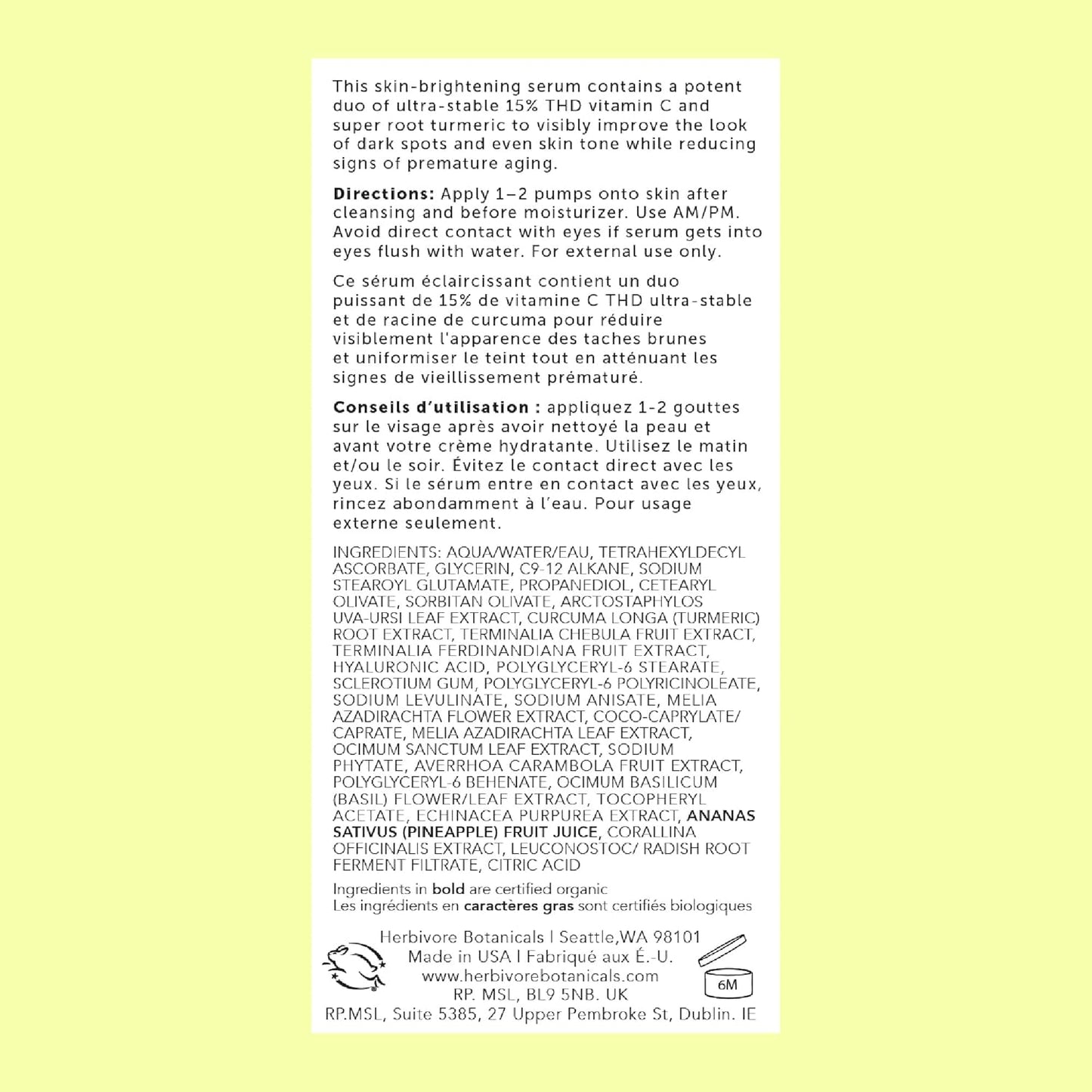 HERBIVORE Nova 15% Vitamin C + Turmeric Brightening Serum for Dark Spots, Hyperpigmentation + Even Skin Tone | Vegan, Plant-Based, Cruelty-Free, 30 mL / 1 oz