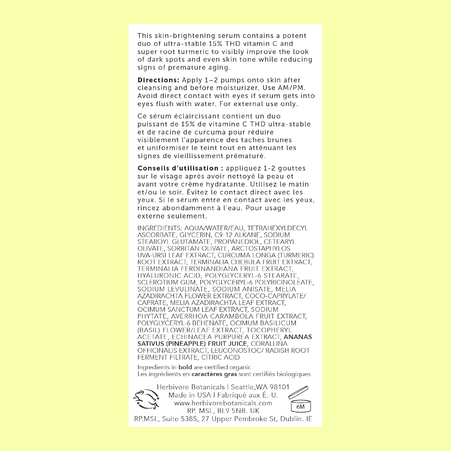 HERBIVORE Nova 15% Vitamin C + Turmeric Brightening Serum for Dark Spots, Hyperpigmentation + Even Skin Tone | Vegan, Plant-Based, Cruelty-Free, 30 mL / 1 oz